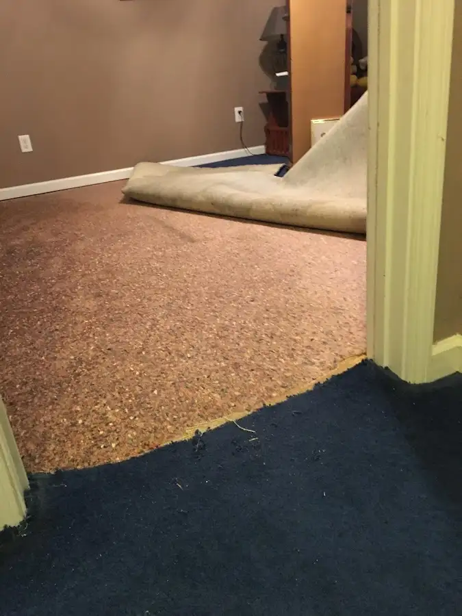Carpet pad removal revealing water damage during Water Mitigation Services in Toms River